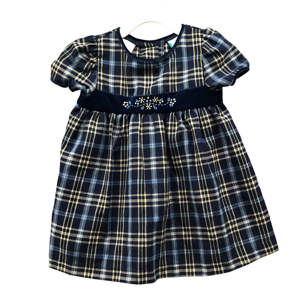 Vintage 90s Little Billy Girls 18-24M Plaid Dress Velvet Embroidered Blue Empire